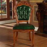 欧式实木餐椅美式雕花绿色皮椅子仿古扶手椅休闲椅茶艺洽谈商务椅