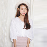 范智乔同款2016夏季新款韩版学生宽松V领衬衣蕾丝镂空白衬衫女装