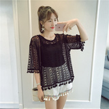 夏季新款韩版女纯色镂空流苏罩衫宽松五分袖套头薄款针织衫+C610