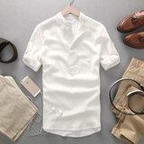 Simwood2016夏季新款休闲男士修身亚麻短袖衬衫男潮纯白色衬衫男