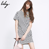 Lily2016春新款女装欧美条纹落肩袖修身短袖连衣裙116130A7702