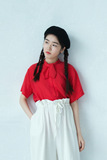 韩国su正品日系领结短袖衬衫宽松棉质衬衣学院风白衬衫净色上衣女
