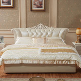 家家欢 欧式真皮床1.8米双人床实木雕花 简约卧室皮床婚床太子床