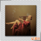 手绘中国人物油画装饰画 卧室无框画中式壁画刘宝军抽烟袋的女人