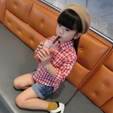 2016新款韩版春装衬衣 儿童女童棉文艺范红白格子衬衫包邮