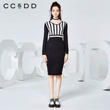 CCDD2016冬装新款专柜正品女时尚黑白撞色甜美修身弹力针织连衣裙