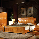 全实木床橡木中式卧室床现代高箱储物床1.8米纯实木柚木色床包邮