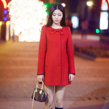 懒狐 2015年冬季新款韩版时尚淑女无领红色中长款羊毛呢大衣外套