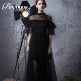 Besfunny2016新款原创复古连衣裙黑色波点蕾丝喇叭袖长裙礼服裙