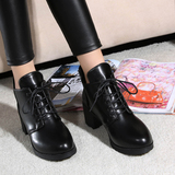 新款韩版前系带马丁靴潮女短靴英伦风尖头中跟靴粗跟女靴子单鞋
