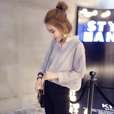 韩国韩范宽松蓝色细条纹篇幅镂空长袖衬衣韩版小立领蝙蝠袖衬衫女