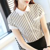 条纹雪纺衬衫女夏短袖修身工作服ol大码韩版办公室职业正装白衬衣