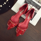 高跟鞋粗跟女鞋子夏季新品韩版漆皮搭扣侧镂空浅口单鞋尖头鞋红色