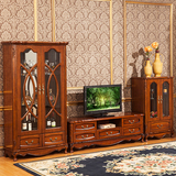 美式实木电视柜  视听柜地柜复古欧式榉木地中海深色 茶几组合