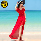 度假不规则海边沙滩裙夏季露肩吊带连衣裙红色雪纺开叉荷叶边长裙