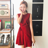 韩国代购Cherrykoko正品直邮 浪漫纯色无袖优雅束腰连衣裙