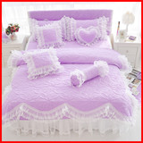 韩版公主风夹棉绗缝四件套全棉加厚蕾丝被套床裙式床上用品紫色