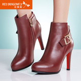 红蜻蜓女鞋 冬季新款正品欧美短靴高跟鞋正装靴细跟短筒靴子女靴