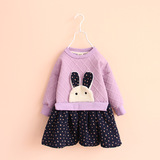 2015女童加绒加厚卫衣儿童长袖连衣裙保暖小兔拼接  韩版冬装新款
