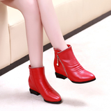 品牌正品秋冬新款红色女靴单靴短靴内增高女鞋尖头真皮靴子水钻粗