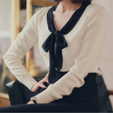 新款韩版修身显瘦长袖系带蝴蝶结针织衫黑白撞色套头百搭毛衣女装