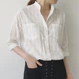 韩版女装夏季新品复古欧美学院风BF宽松大码翻领条纹五分袖衬衫潮