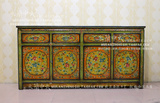 中式手绘家具\西藏传统彩绘做旧实木4门餐边柜\玄关复古鞋柜\门厅