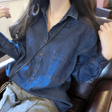 2015韩版新款宽松大码中长款套头单排扣牛仔衬衫 显瘦长袖衬衣 女