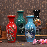 新中式迷你复古花鸟动物彩绘陶瓷红蓝绿黑干花小花瓶台面摆件包邮