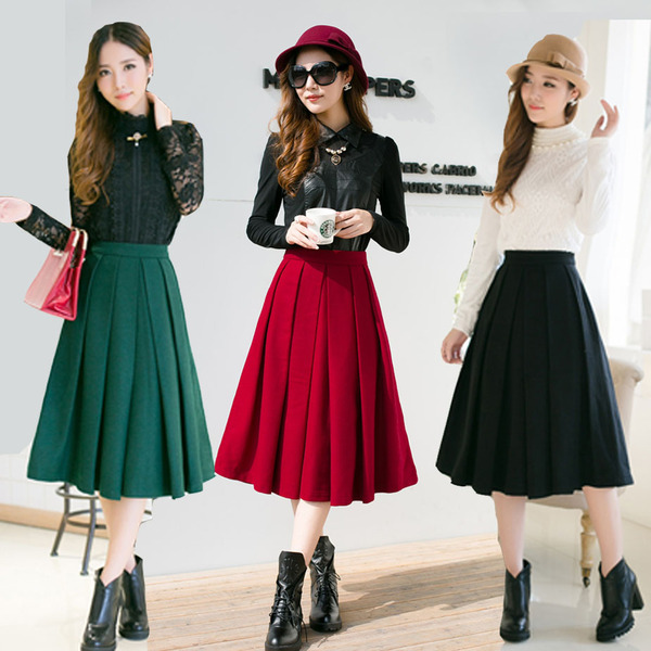 2014韩国显瘦羊毛呢大摆裙 半身长裙秋冬季新款复古厚