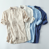 夏季男士立领盘扣七分袖亚麻T恤中国风复古宽松休闲短袖棉麻衬衫