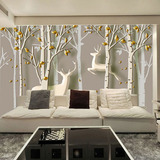 大型壁画客厅电视背景墙3D金色树林树枝梅花鹿墙纸影视墙壁纸浮雕