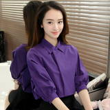 2016春季新款韩版女装方领修身显瘦纯色五分袖打底衫上衣衬衫