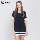 ROEM韩国罗燕新品系带领口拼色舒适淑女连衣裙RCOW62516G专柜正品