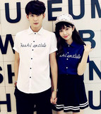 情侣装夏装2016套装韩国字母短袖衬衫修身男女学生纯色白衬衣班服