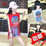 娜娜日记甜美女装2016夏季新款流苏上衣红色T恤女短袖显瘦NM5389