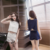 韩国上衣两件套装夏短款夏天衣服女装露脐韩版高腰漏肚脐短装T恤
