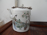 民国浅绛彩老瓷器茶壶 铜提梁小桶壶 手工绘画人物瓷茶壶