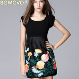 Bomovo2016欧洲站夏季新款女装黑色圆领拼接飞飞袖短袖夏装连衣裙