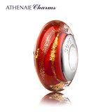 ATHENAIE手工烧制意大利琉璃925银芯 中国风红色金丝带琉璃珠转运
