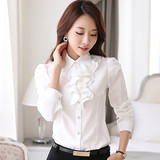 春装新款韩版荷叶花边女士长袖白色衬衫 修身职业雪纺衫 打底衬衣