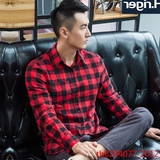 春装法兰绒磨毛红格子衬衫男长袖学生外套韩版修身青少年衣服衬衣