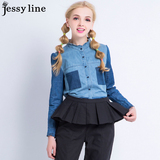 jessy line2016春装新款 杰茜莱拼接撞色纯棉牛仔衬衫 女休闲衬衣