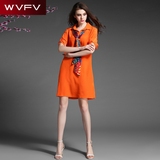WVFV2016夏季新款橙色修身显瘦衬衫领口系带A字裙短袖真丝连衣裙