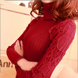 秋冬季2015韩版女装蕾丝中长款套头针织衫打底衫 加厚高领毛衣