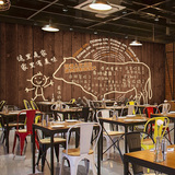 美式牛肉牛排烤肉火锅料理店木纹大型壁画西餐厅烧烤店墙纸壁纸