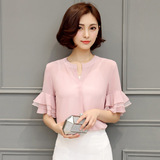 2016夏季新款韩版女装单件通勤喇叭袖圆领纯色套头修身短袖衬衫