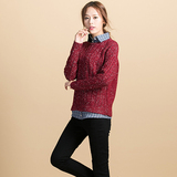2015新款韩版宽松假两件毛衣长袖假两件套毛衣衬衫女加厚针织衫