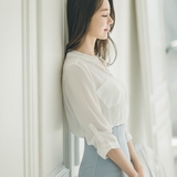 兔耳朵韩国官网代购attrangs正品甜美纯色立领单排扣雪纺白衬衫女