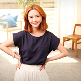 2015夏季韩版女装短款宽松大码套头柔美雪纺t恤打底衫纯色蝙蝠衫